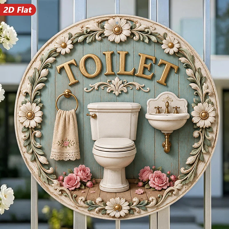 2D Flat, 2D Flat Wooden Sign: Vintage Floral Bathroom Themed Decorative Wood Plaque — Light Blue Distressed Wood Grain Round Bas