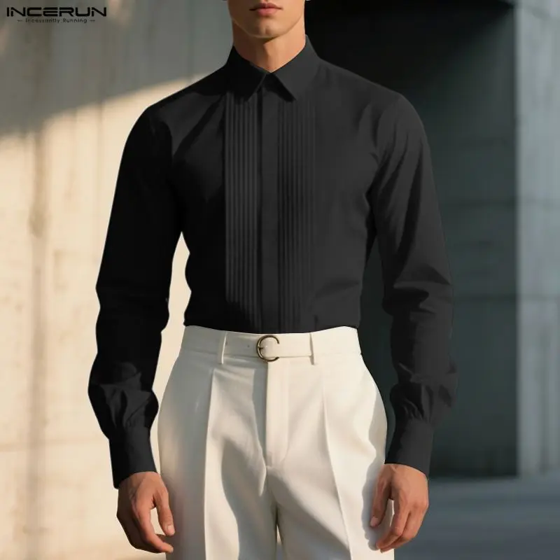 INCERUN Men Shirt Solid Color Lapel Long Sleeve Pleated Casual Men Clothing Streetwear Spring Elegant 2026 Fashion Tops Camisas