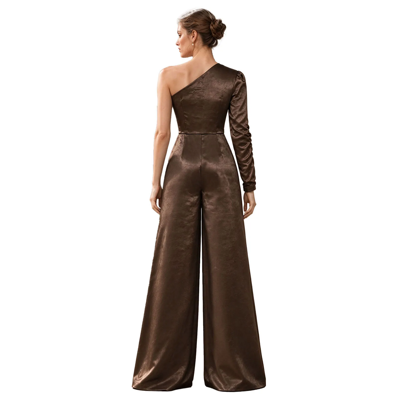 Women Satin Jumpsuit One Shoulder Long Ruched Sleeve Side Invisible Zipper Pleated Waist Wide-leg Bodysuit for Formal Wedding
