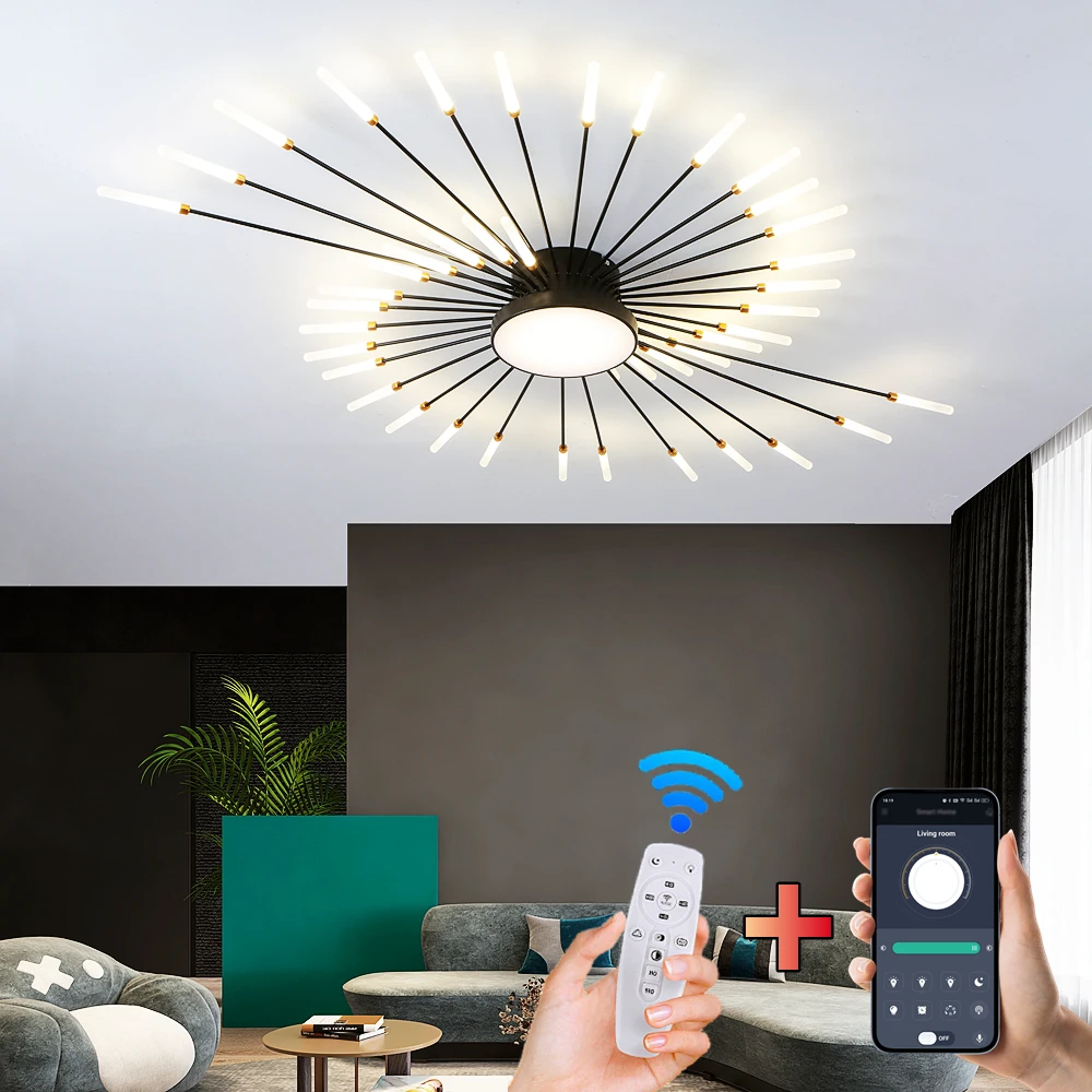 

Led Firework Chandelier Dimmable For Living Room Bedroom Milk Yellow Ceiling Chandelier Dining Room LED Ceiling Lamp With Remote