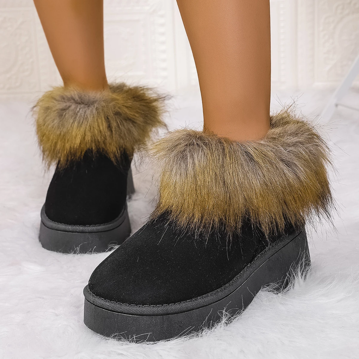 Women's Fluffy Slippers New Plush Warm Platform Shoes For Winter Indoor Heelless Semi-slippers Outdoor Non-slip Cotton Shoes