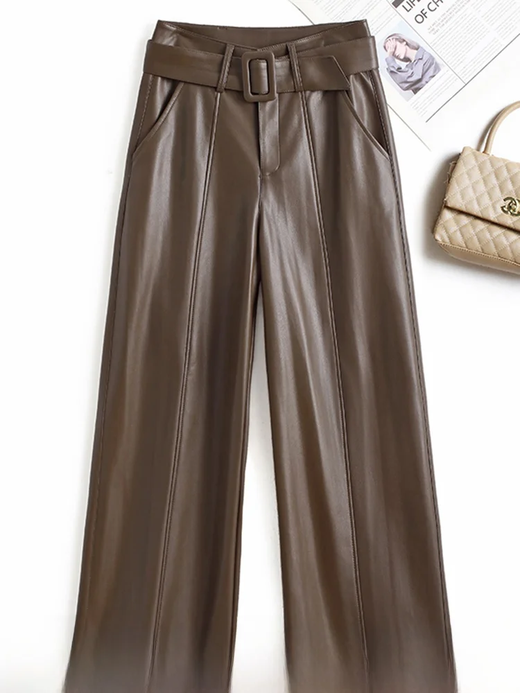   Spodnie z szerokimi nogawkami z prawdziwej skóry Ning, wysoki stan, wyszczuplające, duży rozmiar, prosty krój, jesień-zima, nowe, damskie eepsk...