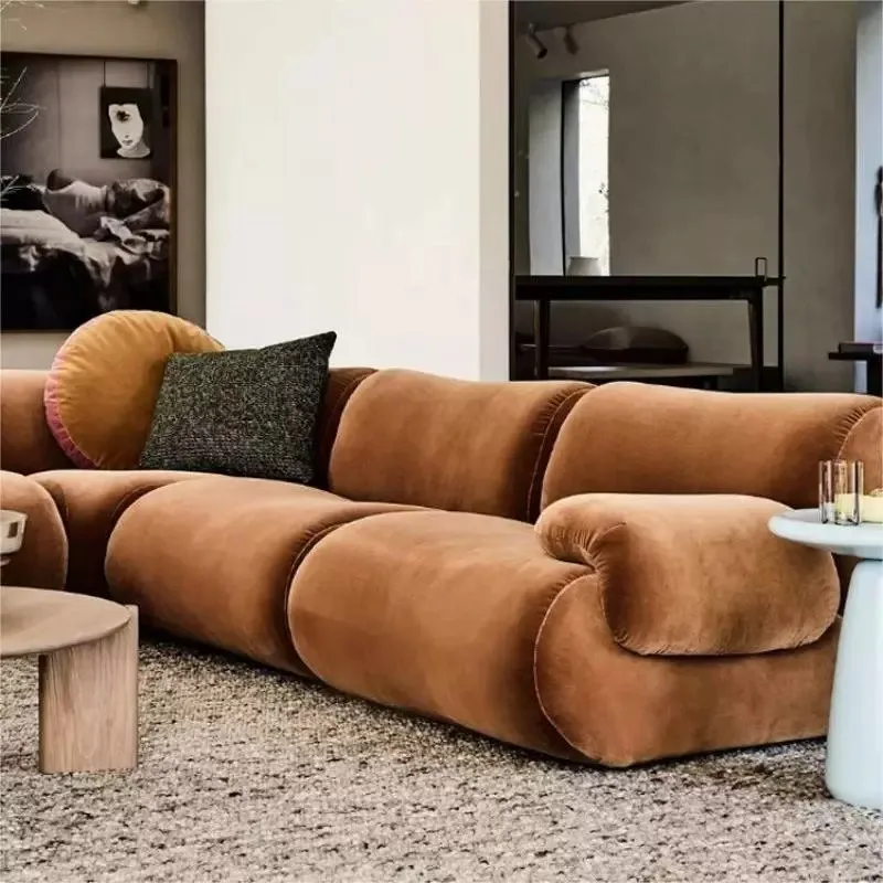 Creamwind Retro Style Sectional Sofa Set Cream Fabric Rectangle Shape for Apartment Living Room Vacuum Sponge Couch Combination