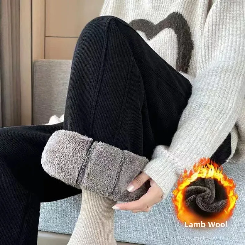 여성용 겨울 두꺼운 플리스 안감 와이드 레그 팬츠 스트레이트 컷 스네일리르 울 코튼 바지 하이 웨이스트 롱 팬츠