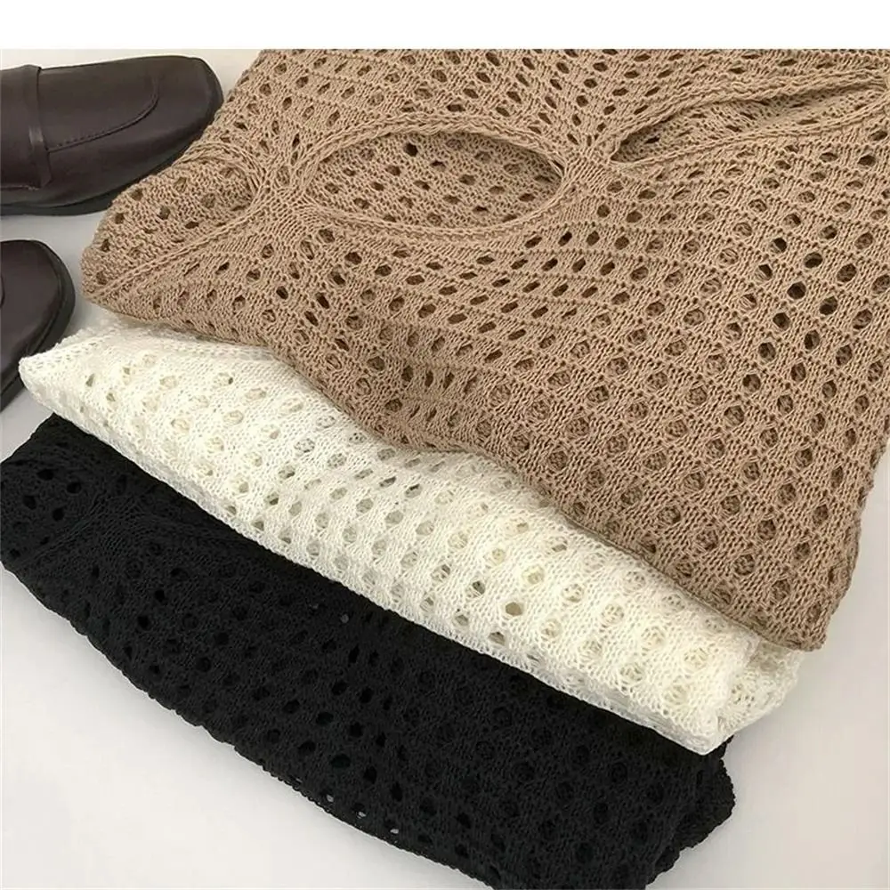 

High Street Sweater Long Sleeve Hollowed Out Smock Knitted Loose Solid Cropped Tops Round Neck Y2K Hollow Out Knit Tops Club