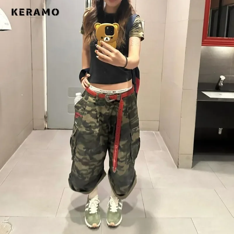 2024 Summer Women\'s Punk Casual Style Harajuku Shorts Vintage High Waist Loose Shorts Y2K Wide Leg Baggy Camouflage Denim Shorts