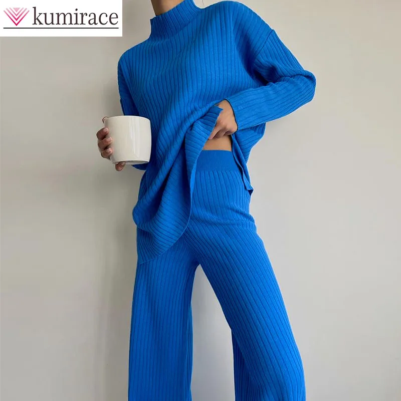 

New Two-piece Fashionable Casual Slimming Half High Collar Long Sleeved Solid Color Knitted Suit for Women Two Piece Outfit 2025