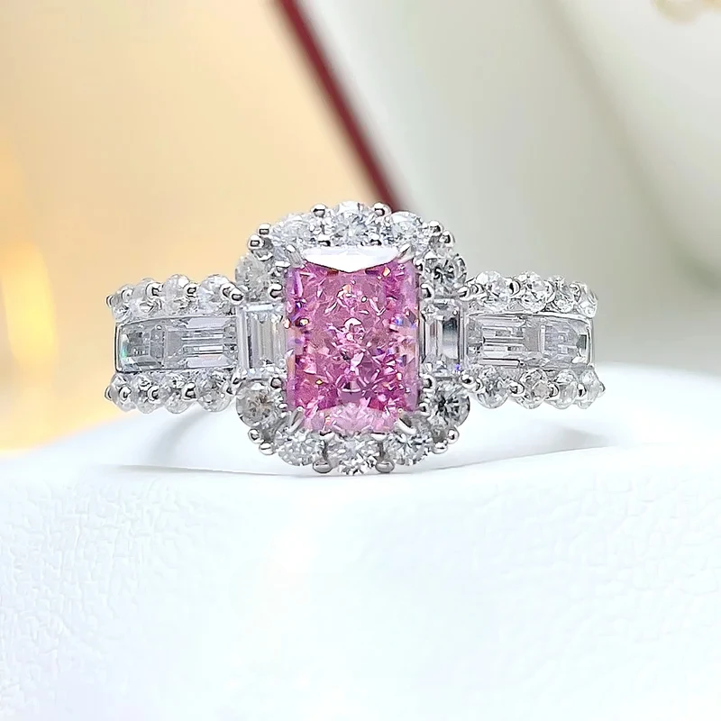 

European and American Rose Pink Women's Diamond Ring 925 Silver Inlaid Imported High Carbon Diamond Engagement Jewelry