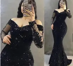 Arabisch Schwarz Pailletten Abendkleider Angepasst Weg Von Der Schulter Lange Ärmel Elegante Formale Nacht Party Kleid Vestido De Noche