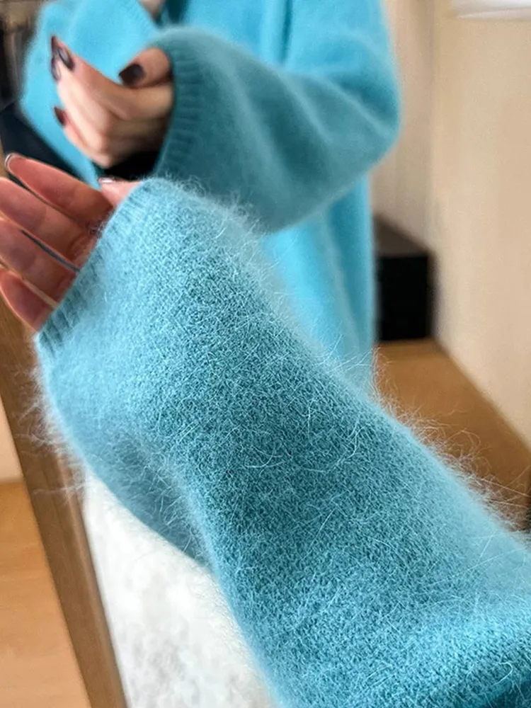 Sweter damski dzianinowy, luźny, długi, okrągły dekolt, casualowy, wygodny, jednolity kolor, europejski styl.