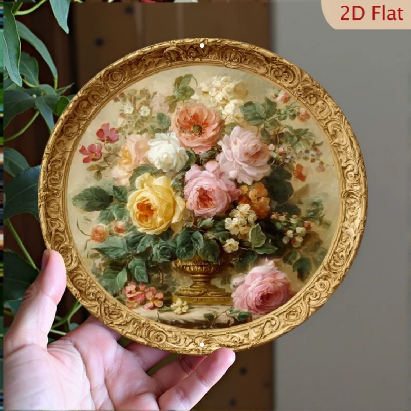 Vintage-Pfingstrosen-Blumen-Metallschild aus Aluminium, runde Form, botanische Wanddekoration für Wohnzimmer, Küche, Büro, 20,3 x 20,3 cm