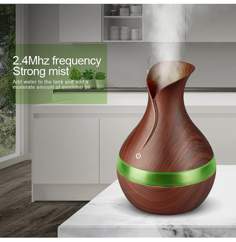 5V 2W 300ML Water Capacity Air Humidifier Essential Oil Diffuser USB Ultrasonic Dark Wood Light Grain LED Light for House Room