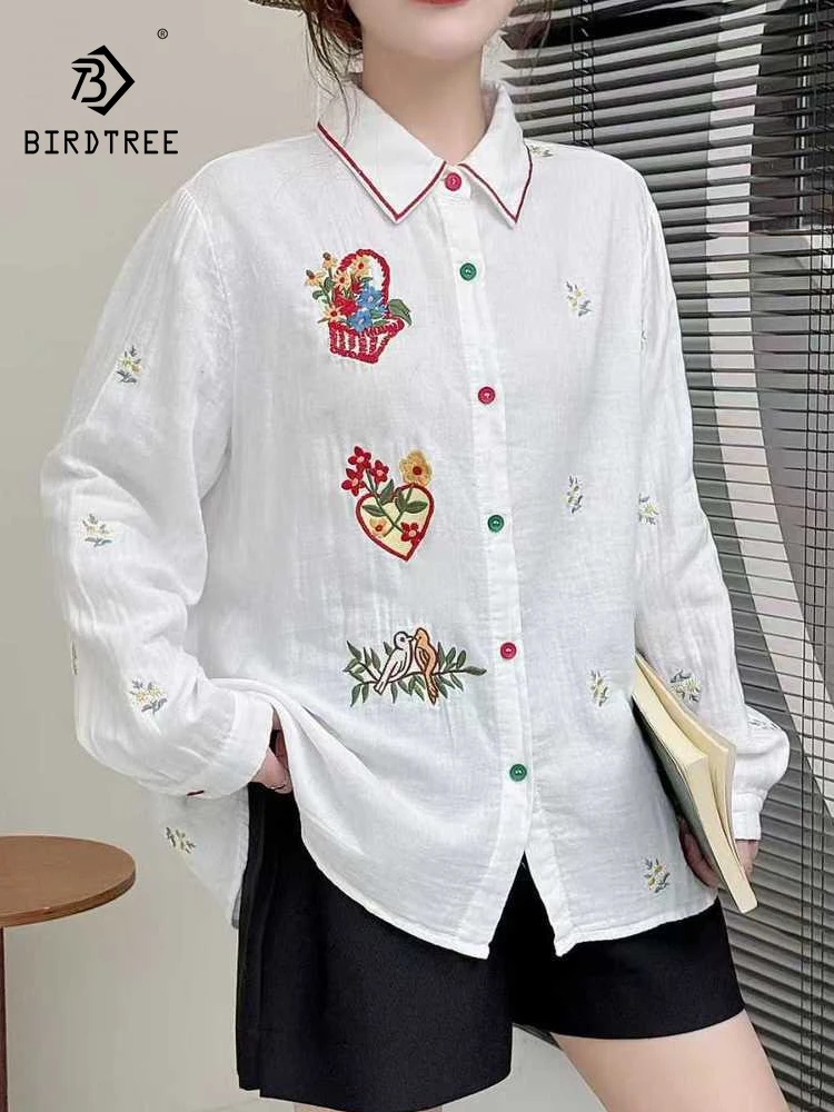 

New 2025 Autumn Cotton Yarn Long Sleeve Shirt, Women Turn-down Collar Embroidery, Mori Girl Fashion Sweet Loose Blouse T5O590CC