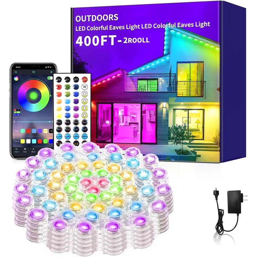 

All-Weather 400ft RGB LED Eave Lighting, Waterproof for Year-Round Outdoor and Party Decor, Ideal for Home, Garden, and Patio (2