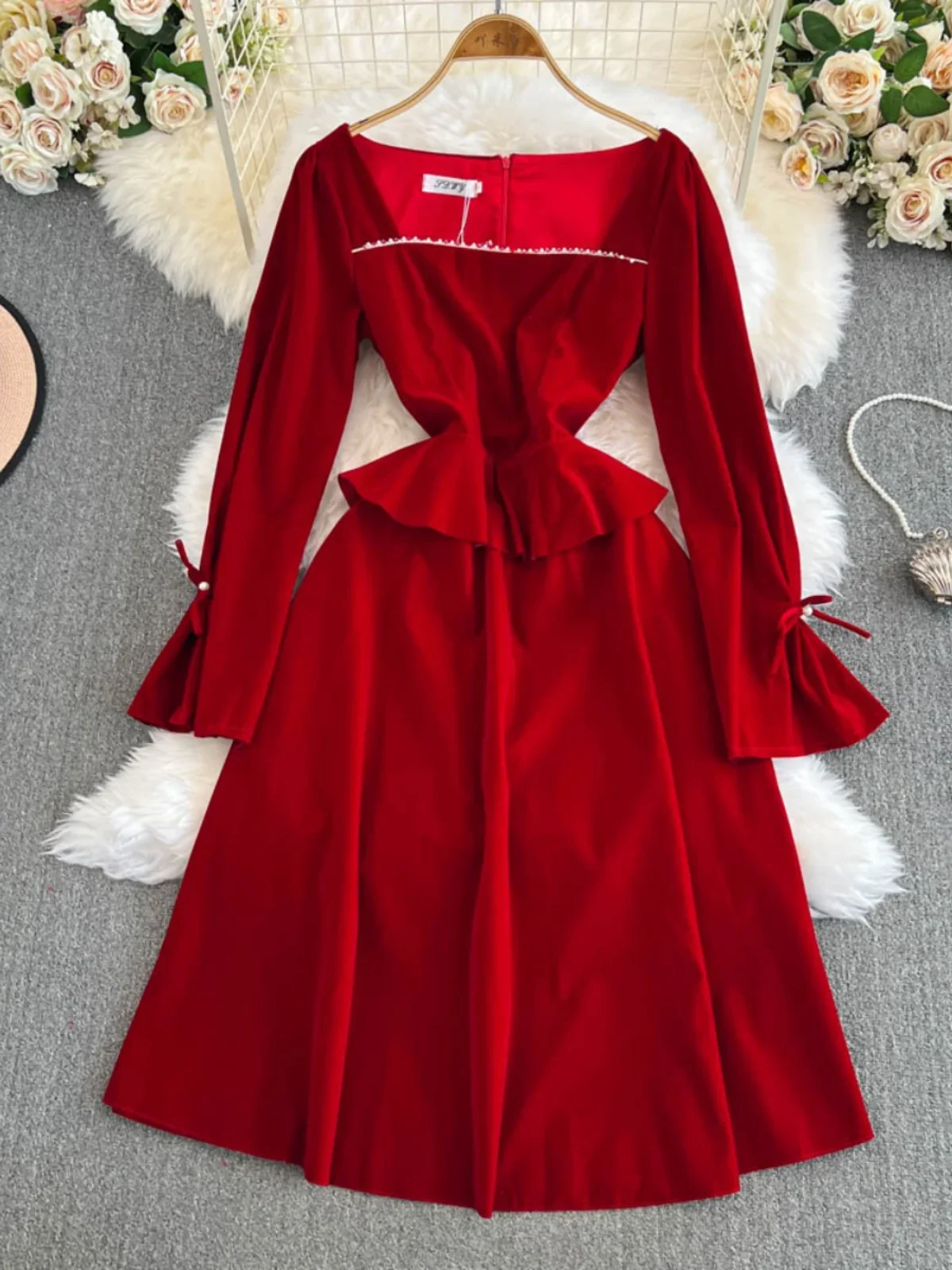 Ofallsis French Style Square Neck Long Sleeved Toast Dress 2024 Autumn Bride Engagement Velvet Wine Red Wedding Evening Dresses