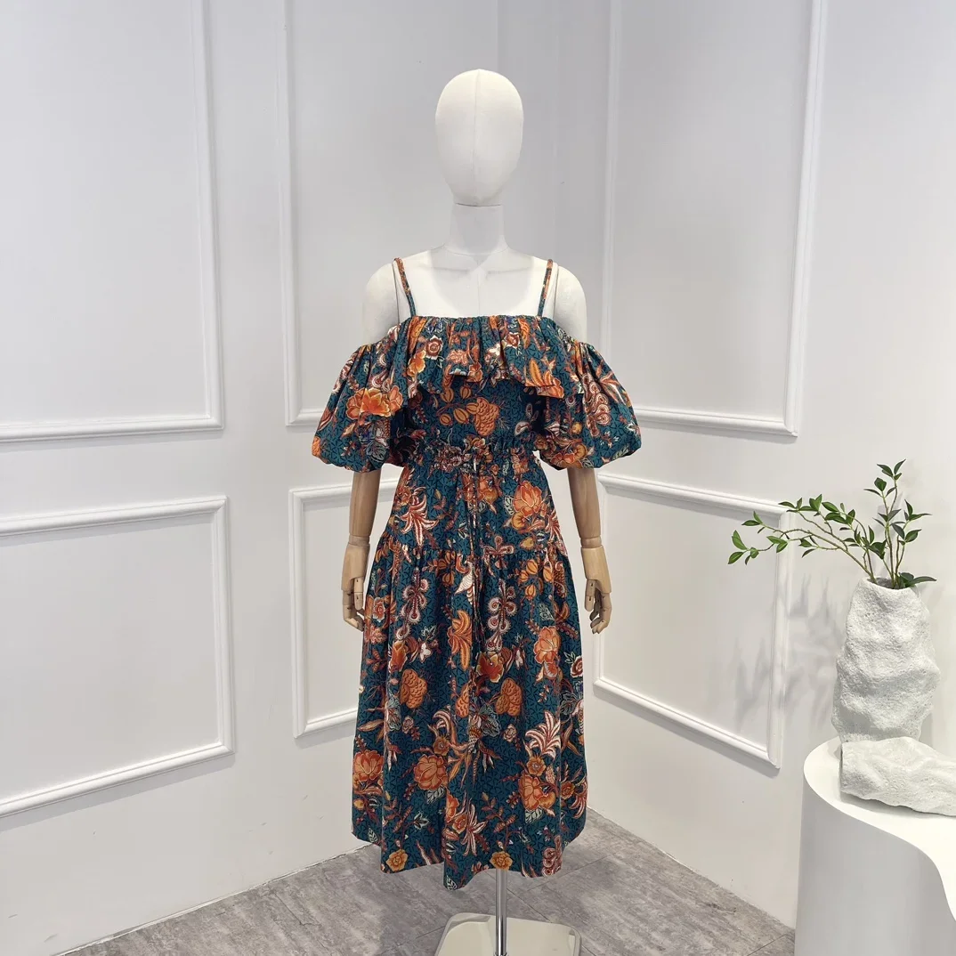 Cotton 2023 New Collection Hihg Quality Floral Print Off The Shoulder Top and Drawstring High Waist Midi Skirt Woman Vintage Set