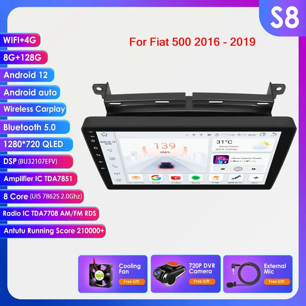 Hizpo 9 ''Draadloze Carplay Android Auto Auto Multimedia Speler Voor Fiat 500 2016 2017 2018 2019 Carplay 4G Autoradio 360 ° Camera