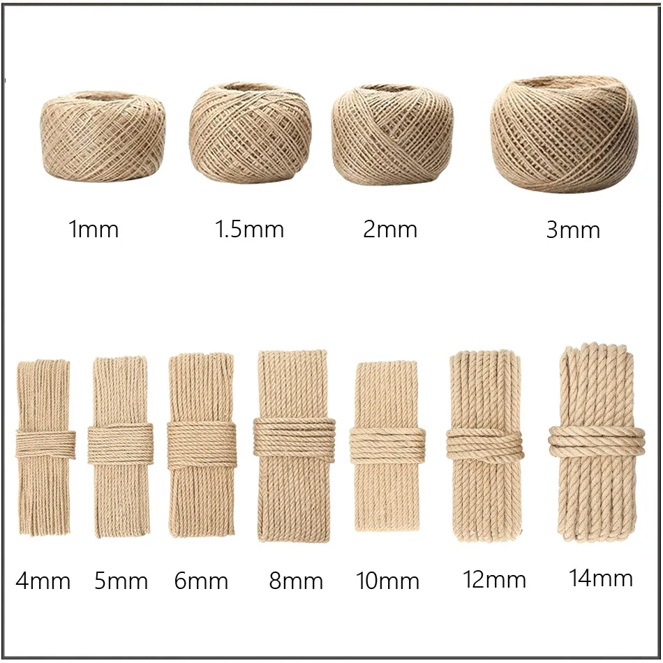 Natural Jute Rope 3 Strand Rolls Hemp Twisted Cord Macrame String DIY Basket Craft Cat Pet Scratching Handmade Decor 6 8 10 14mm