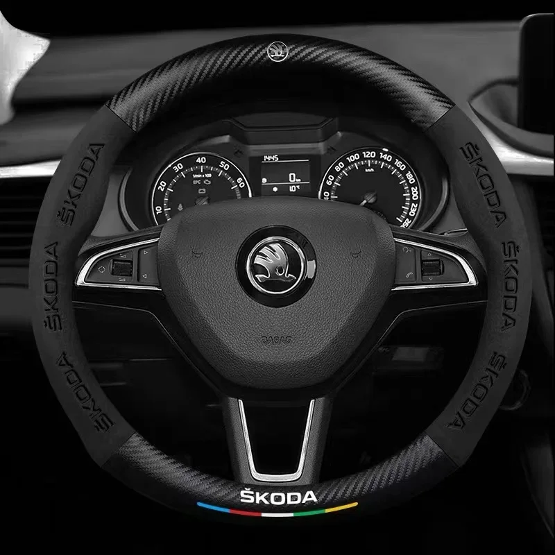 For Skoda VRS Kodiaq Karoq Kamiq Octavia 1 a5 Scala Superb Yeti Fabia ENYAQ Citigo Carbon Fiber Suede Car Steering Wheel Cover