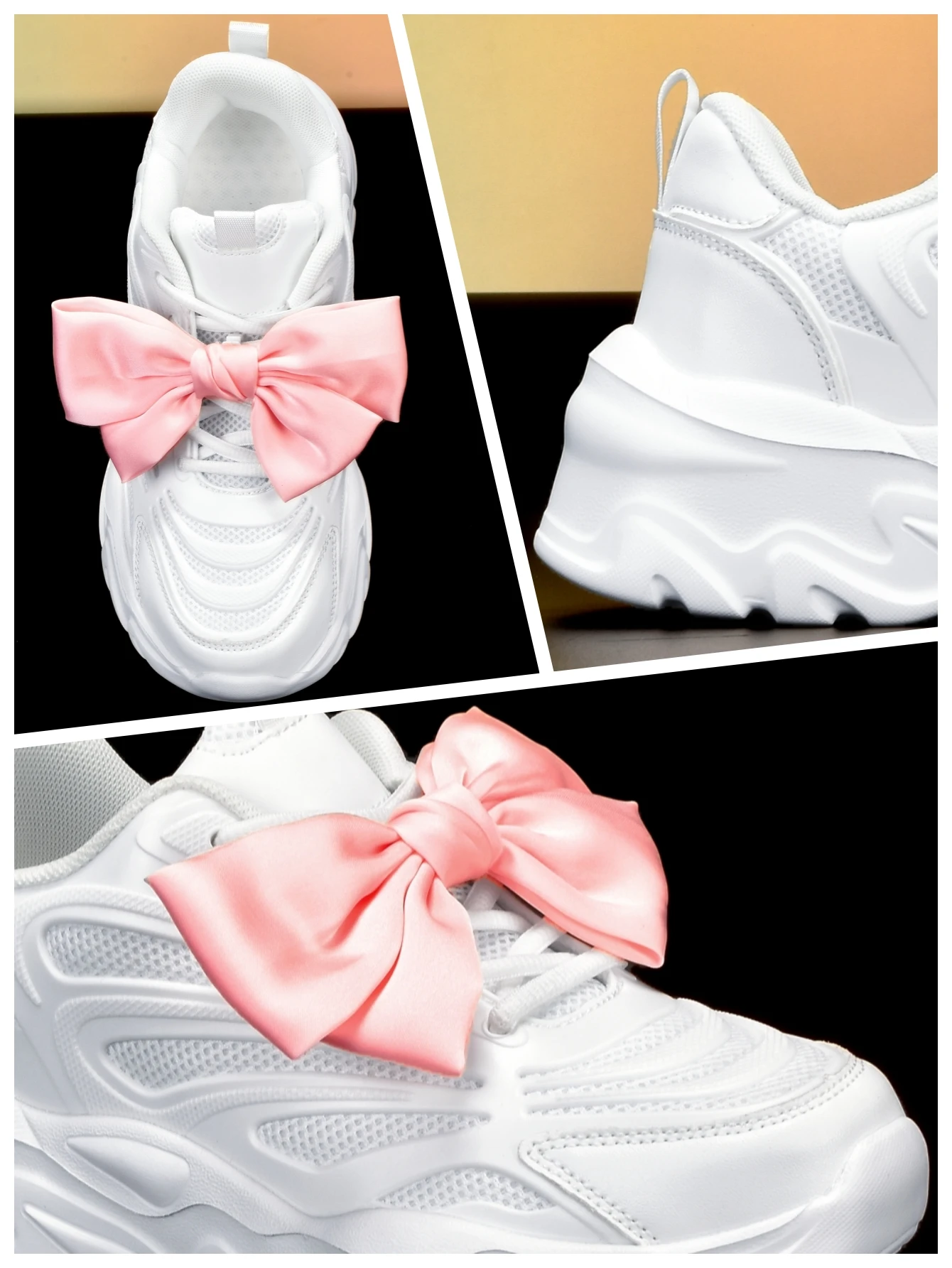 Women's Thick-Soled White Dad Shoes with a 5cm Height Increase, Sweet Girly Style with Pink Bow Decoration, Casual Sneakers for All Seasons, Breathable Mesh Upper, Soft Sole, Lightweight, Unique Design, Suitable for Students, Campus Daily Commute, Versatile for Multiple Occasions, Trendy Women's Shoes view 5