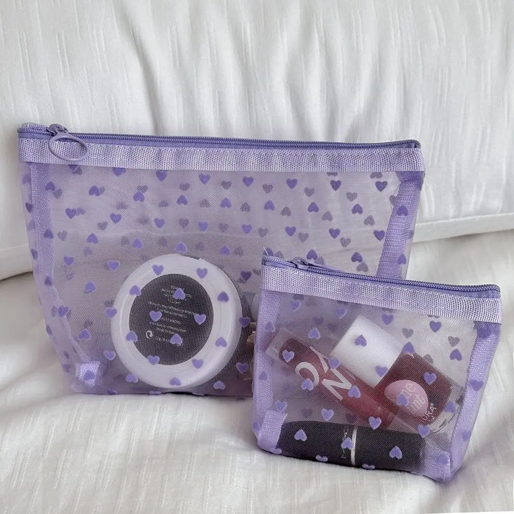 Purple Transparent Mesh Cosmetic Bag Heart Wave Point Make Up Bag Simple Portable Wash Pouch Travel Storage Bag