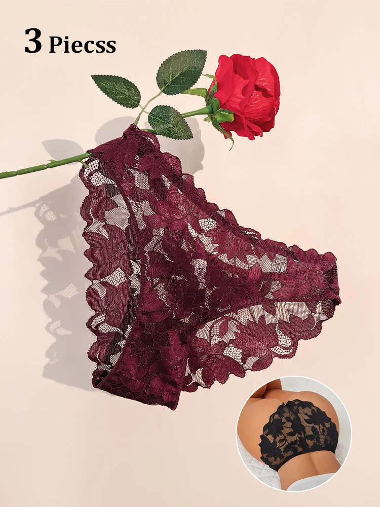 FINETOO 2 Stück Damen-Unterwäsche aus Satin mit Blumenspitze, sexy, aushöhlen, Höschen, solide, niedrige Taille, perspektivische Slips, Mädchen, weiche Dessous