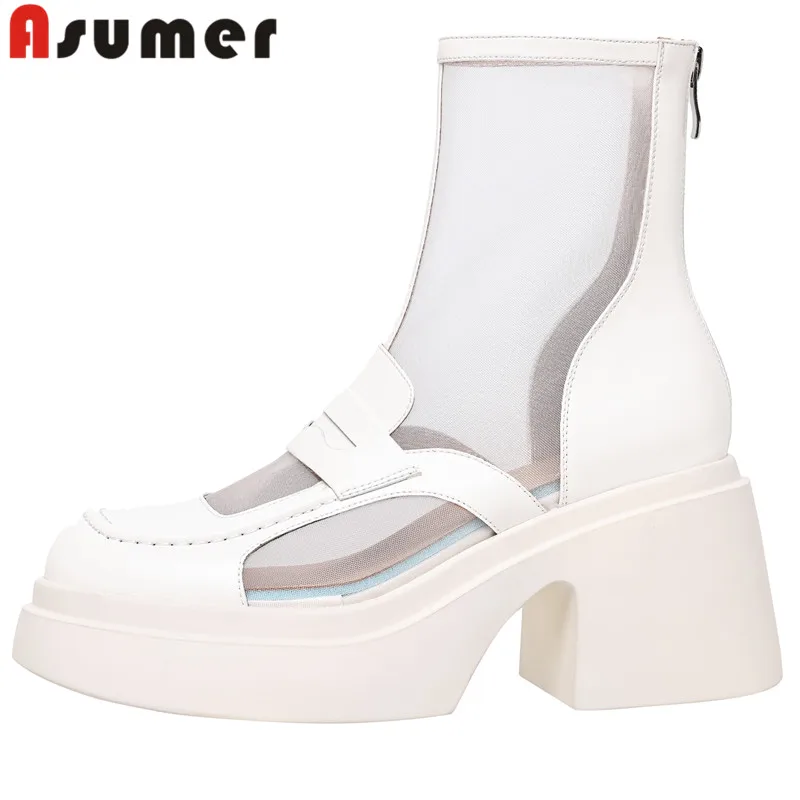 

ASUMER 2024 Size 33-42 New Zipper Genuine Leather Ankle Boots Street Style Ladies Mesh Summer Boots Thick High Heels Women Boots