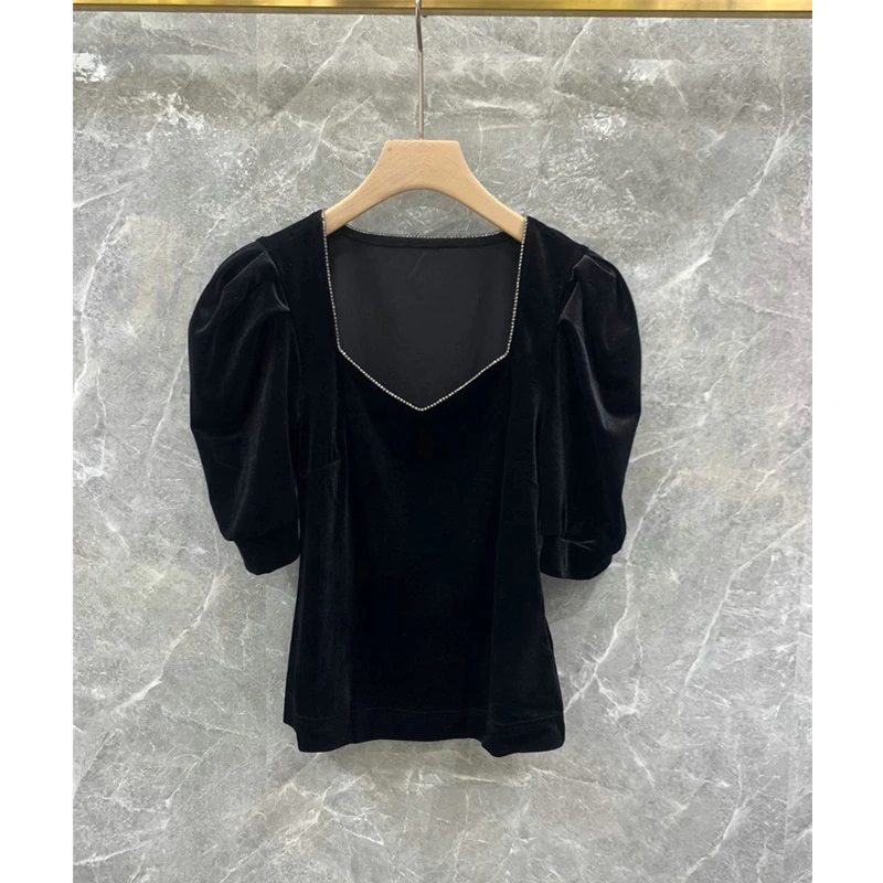 

Velvet Black Women Blouse Summer New 2023 Puff Sleeved Slim Solid Elegant Office Lady Pulls Tops