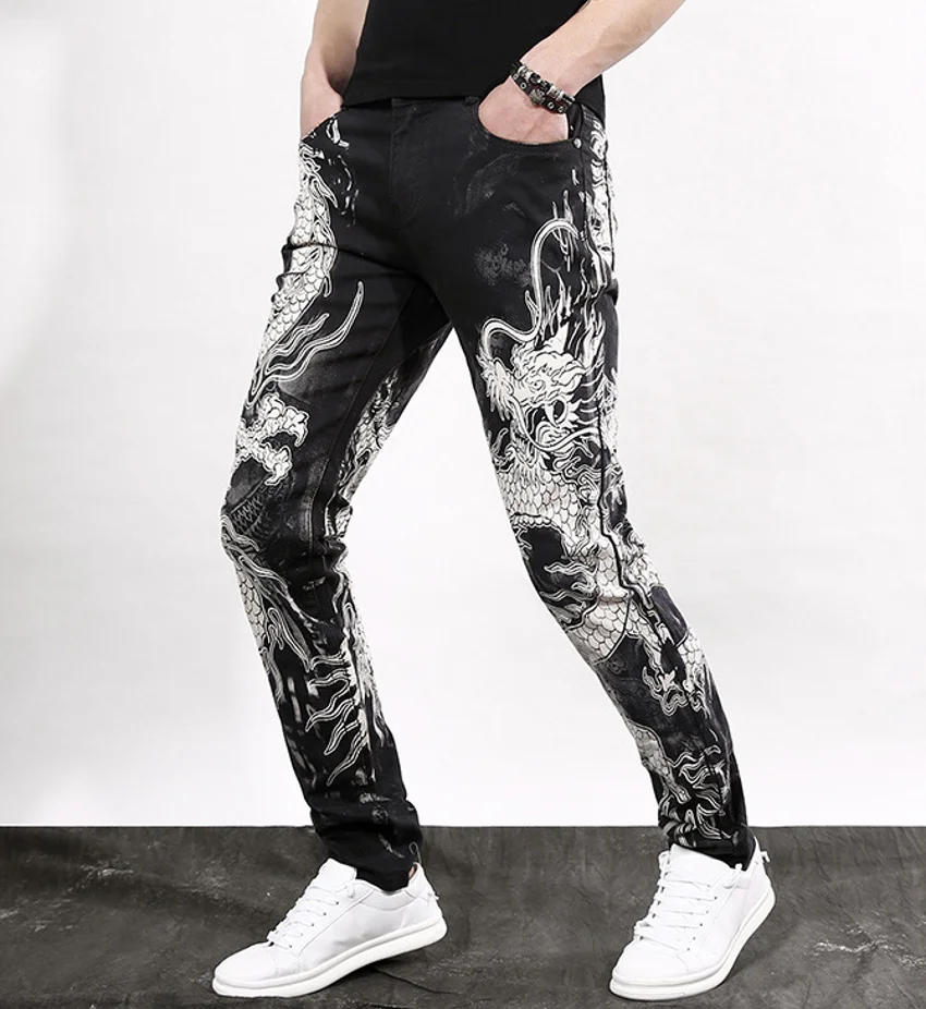 Spring Men's Fashion Slim Casual Personality Black Trousers Chinese Dragon Printing Jeans Male Plus Size Singer Printed Pants