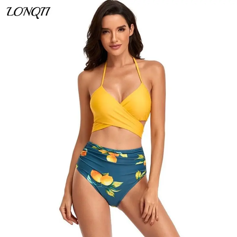 

2025 новый европейский и американский бикини с цифровой печатью, сексуальный купальник с перекрестным вырезом и высокой талией, разделенный