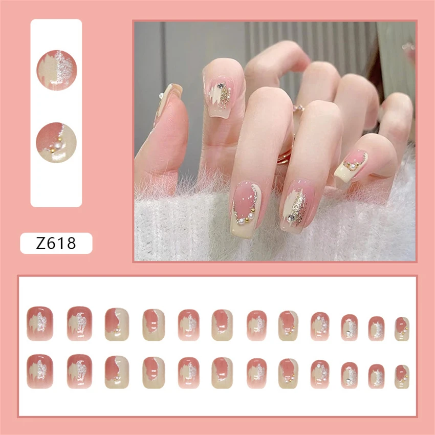 24 ps/set puntas de uñas postizas de Ballet corto, diseños de deseo puro blanco leche, uso de uñas postizas, colorete, perlas, modelos de taladro, prensa en las uñas