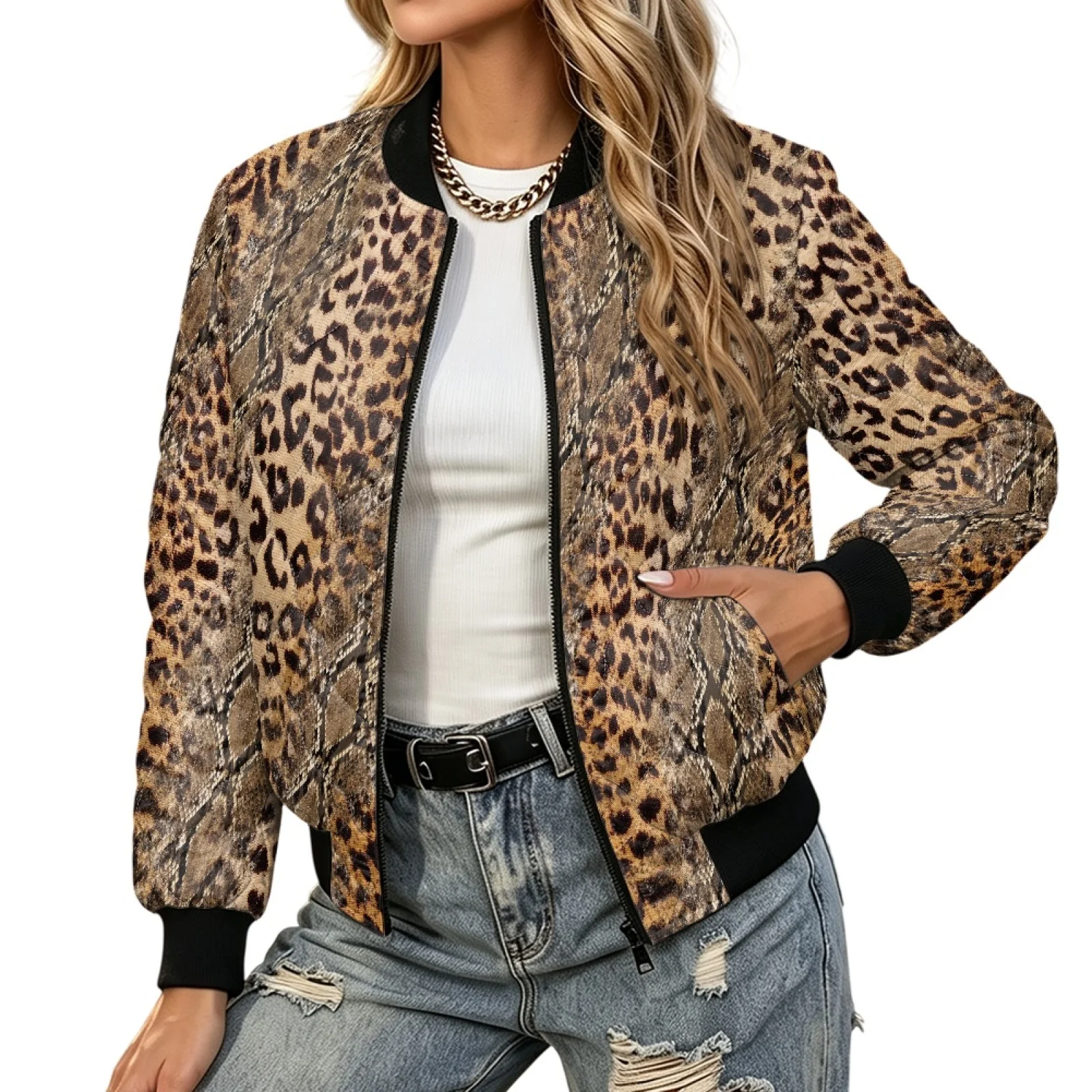 PENSTROLL Womens Leopard Print Quilted Padded Bomber Coat, Windproof Long Sleeve Light Puffer Jacket with Rib Collar for Work