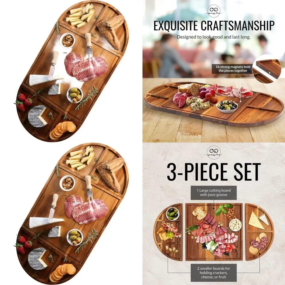 

Elegant 3-Piece Acacia Wood Charcuterie & Cheese Board Set - Long and Round Serving Platters with Magnetic Trays