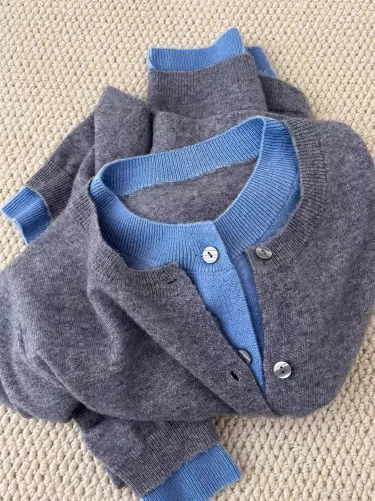 Dua Palsu 100% Kardigan Sweter Kasmir Murni Atasan Mantel Rajut Wol Bermutu Tinggi Abu-abu Tua