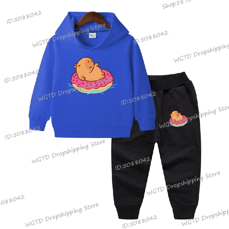 Simpatico capibara galleggiante in una ciambella Stampa Bambini Ragazzi Ragazze Felpe con cappuccio Abito Capybaras 2 pezzi Felpe con cappuccio Pantaloni Abito Kawaii Cartoon Design