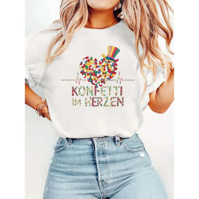 Women's Casual Short Sleeved Round Neck T-shirt with Heartbeat Pattern Summer Regular Fit Letter Pattern Fashionable T-shirt