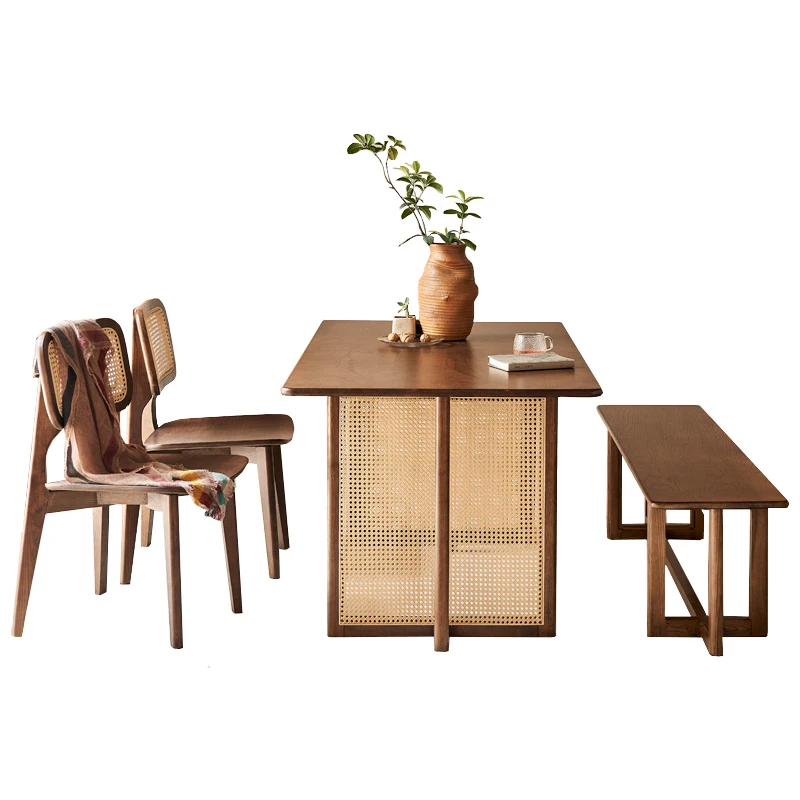 

Solid wood dining table and chair combination, simple modern rattan weaving dining table, small household walnut dining table