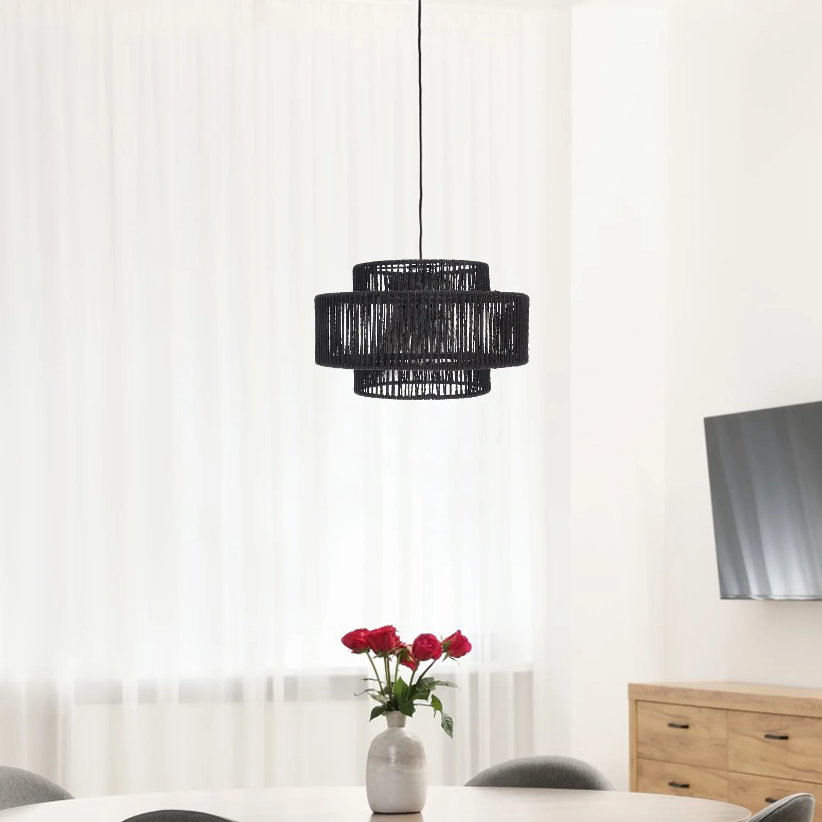 

Paper Rope Lampshade Black Rattan Light Fixture Clip on Ceiling Bulb Fall Barrel Bohemian Simple crafted Diffusion Home