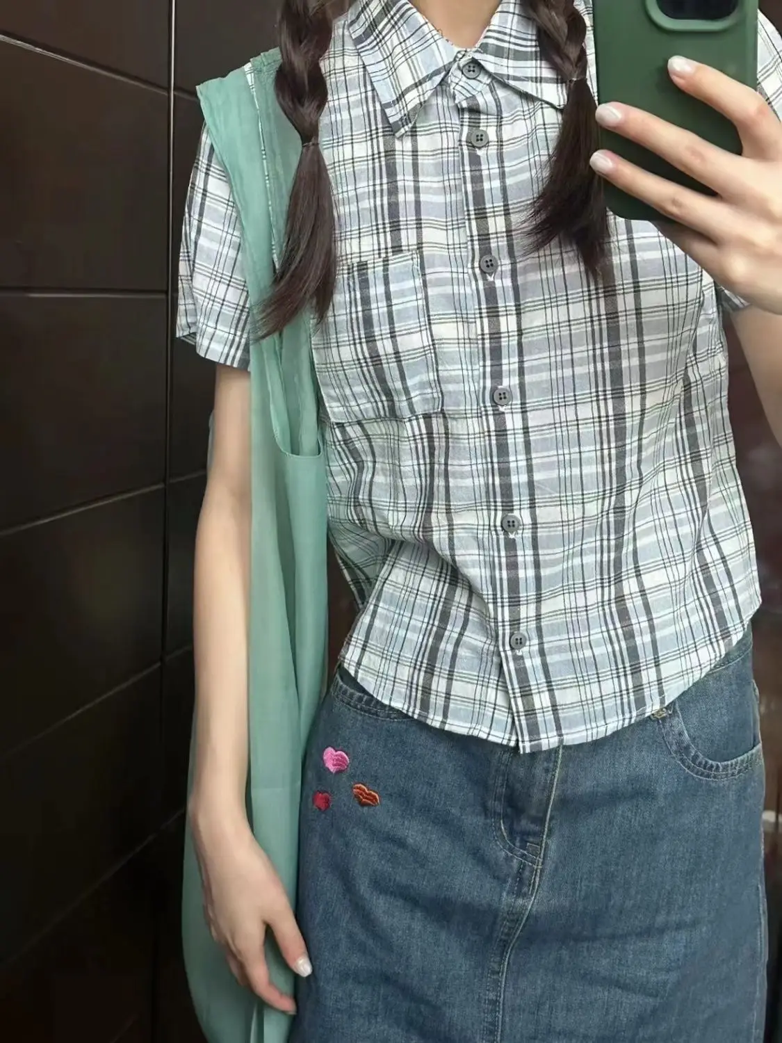 Women Blouses Summer Short Sleeve Plaid Shirt Y2K Button Up Check Shirt Vintage Women\'s Shirt Tops Korean Style Female Clothing