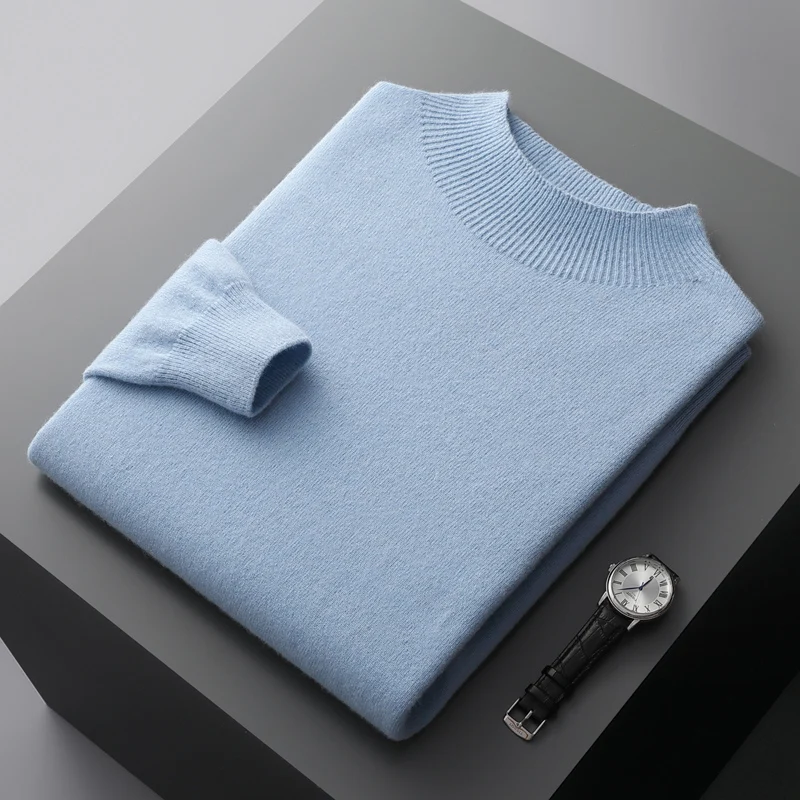 Autumn and winter new 100% pure merino wool pullover men's semi-high-necked cashmere sweater padded warm loose top.