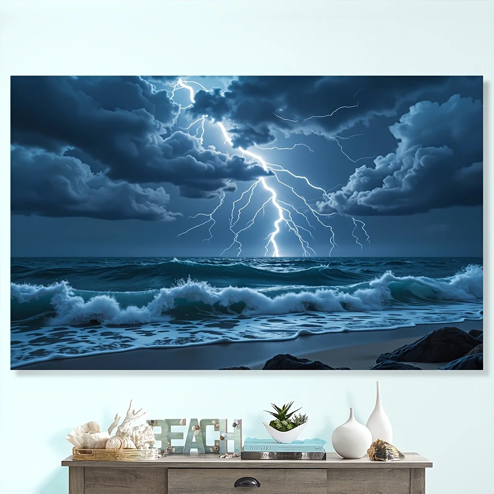 1pc Polyester Ocean Rainstorm Lightning Tapestry - Raging Sea Waves & Gloomy Sky Background with Dramatic Skyline, Ideal for Bed