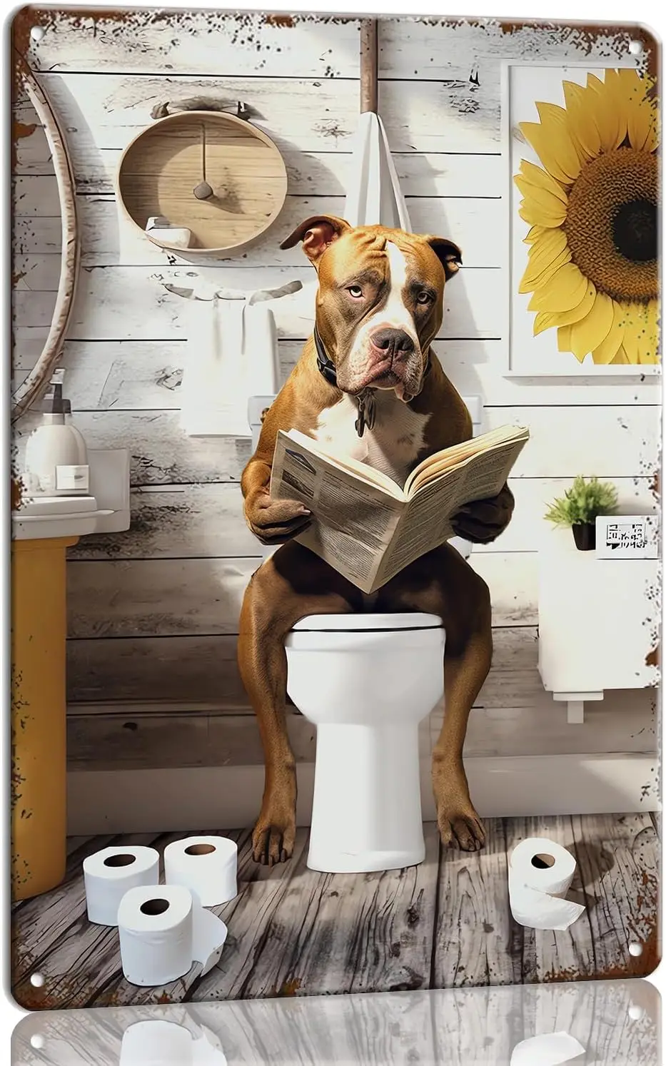 Funny Pitbull Dog Bathroom Wall Art Metal Sign Bull Reading Newspaper on Toilet Wall Art Bathroom Decor Animal Poster Decorative