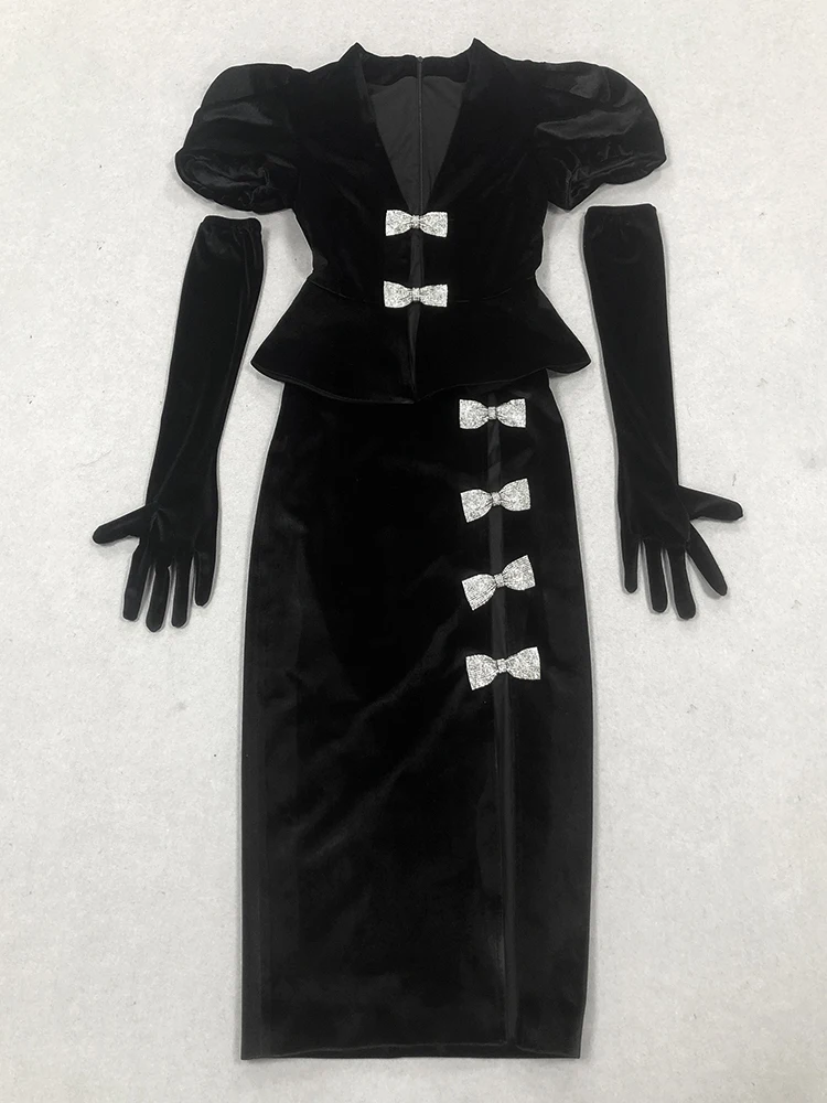 Women Short Sleeves Black Velvet Skirts Two Piece Set Sexy V Neck Diamonds Bow Top+Midi Split Skirt Suits Evening Party Cocktail