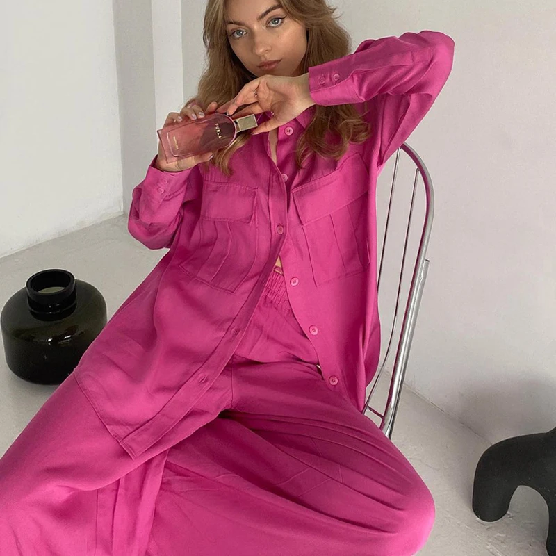 

Casual Loose Home Suit Pink Women Sets Fashion Long Sleeve Shirts High Waist Pants Two Piece Set Elegant Straight Trousers Suit