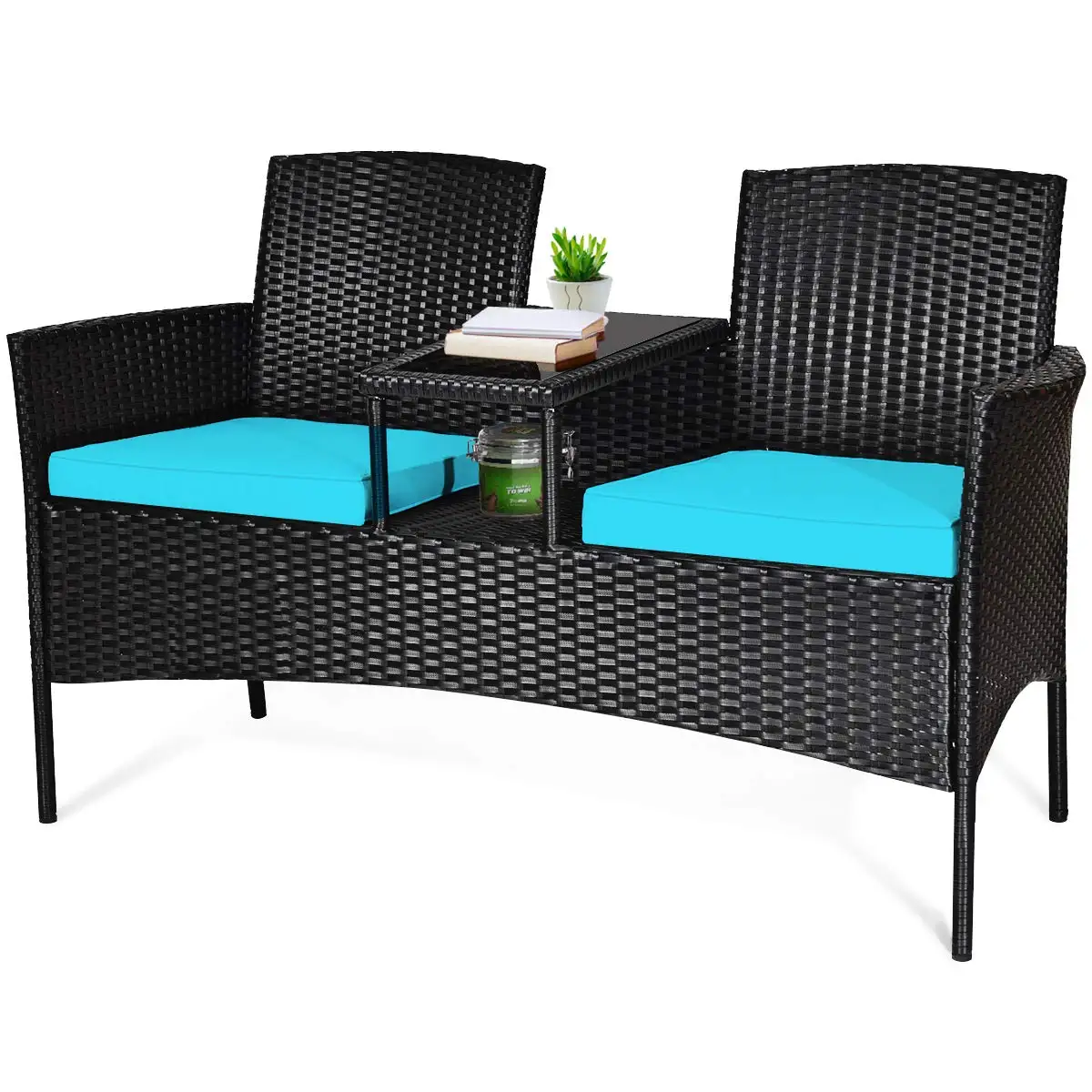 

4-Piece Wicker Patio Conversation Set with Removable Cushions & Glass Table for Garden Backyard, Customized