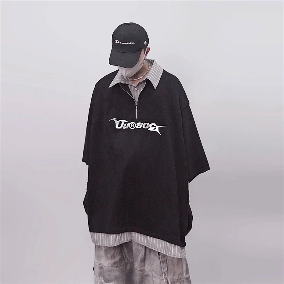 Fake Two Pieces Polo Shirts Mens Streetwear Hip Hop Punk Short Sleeve T-shirts Oversized Harajuku Vintage Loose Casual Tees Tops