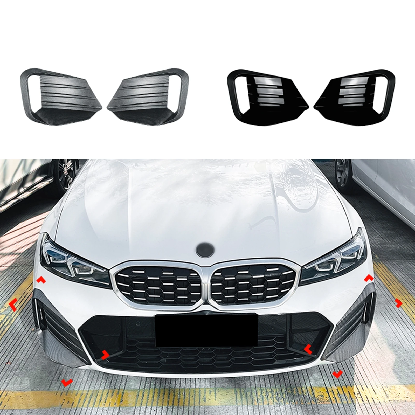 

For BMW 3 Series G20 G21 LCI M Sport 2023-2024 Carbon Fiber Look/Gloss Black Front Bumper Side Air Vent Spoiler Grill Cover Trim