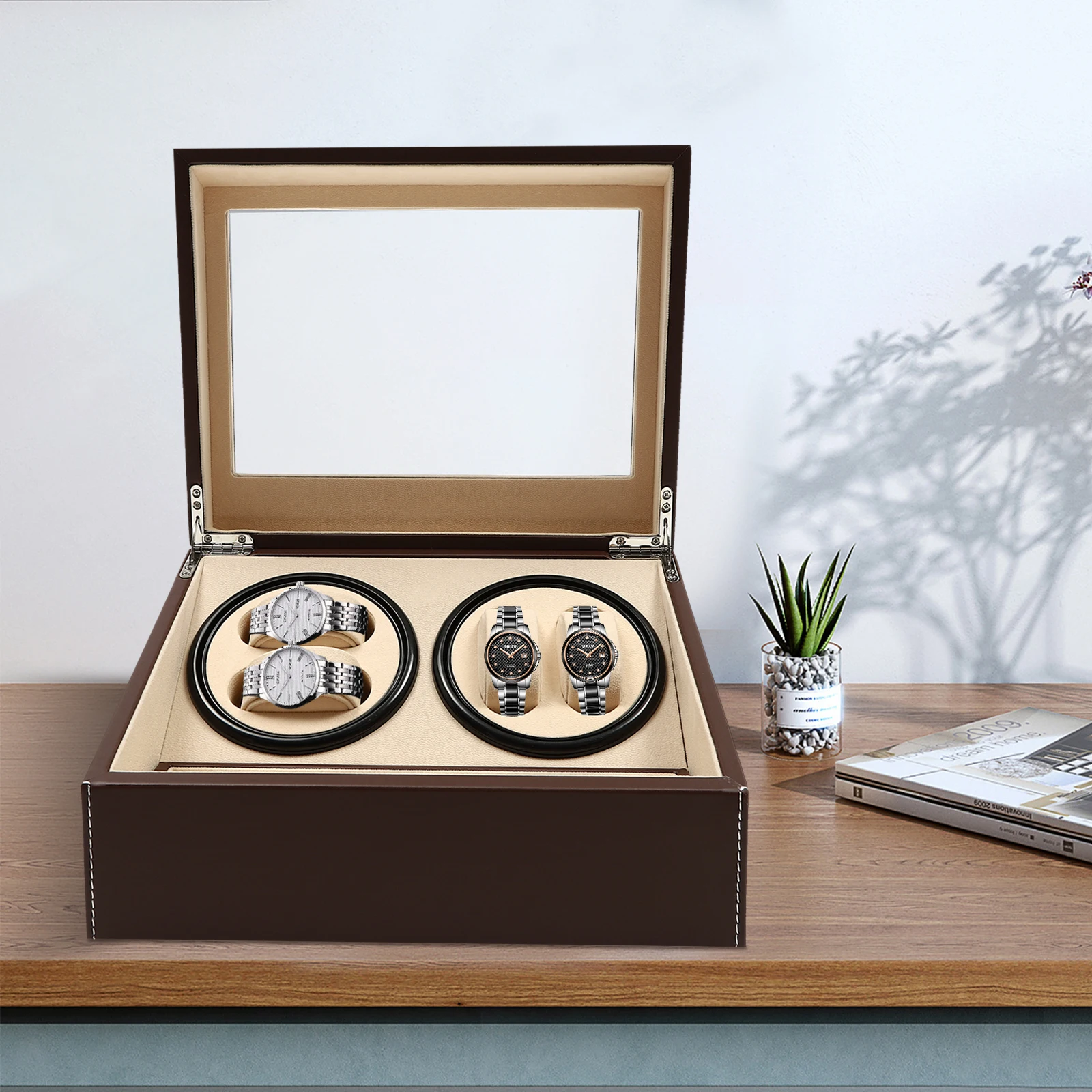 Automatic Watch Winder 4+6 Watch Box Brown Watch Winder for Home Display