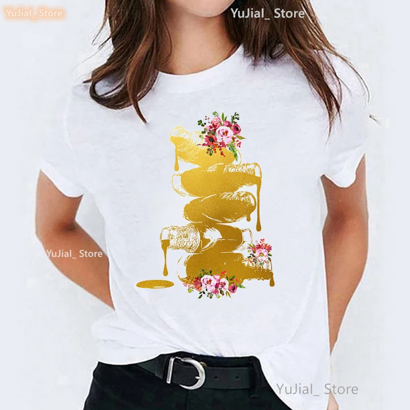 Camiseta con estampado de flores y uñas doradas para mujer, remera blanca de manga corta para mujer, camisetas de verano para mujer