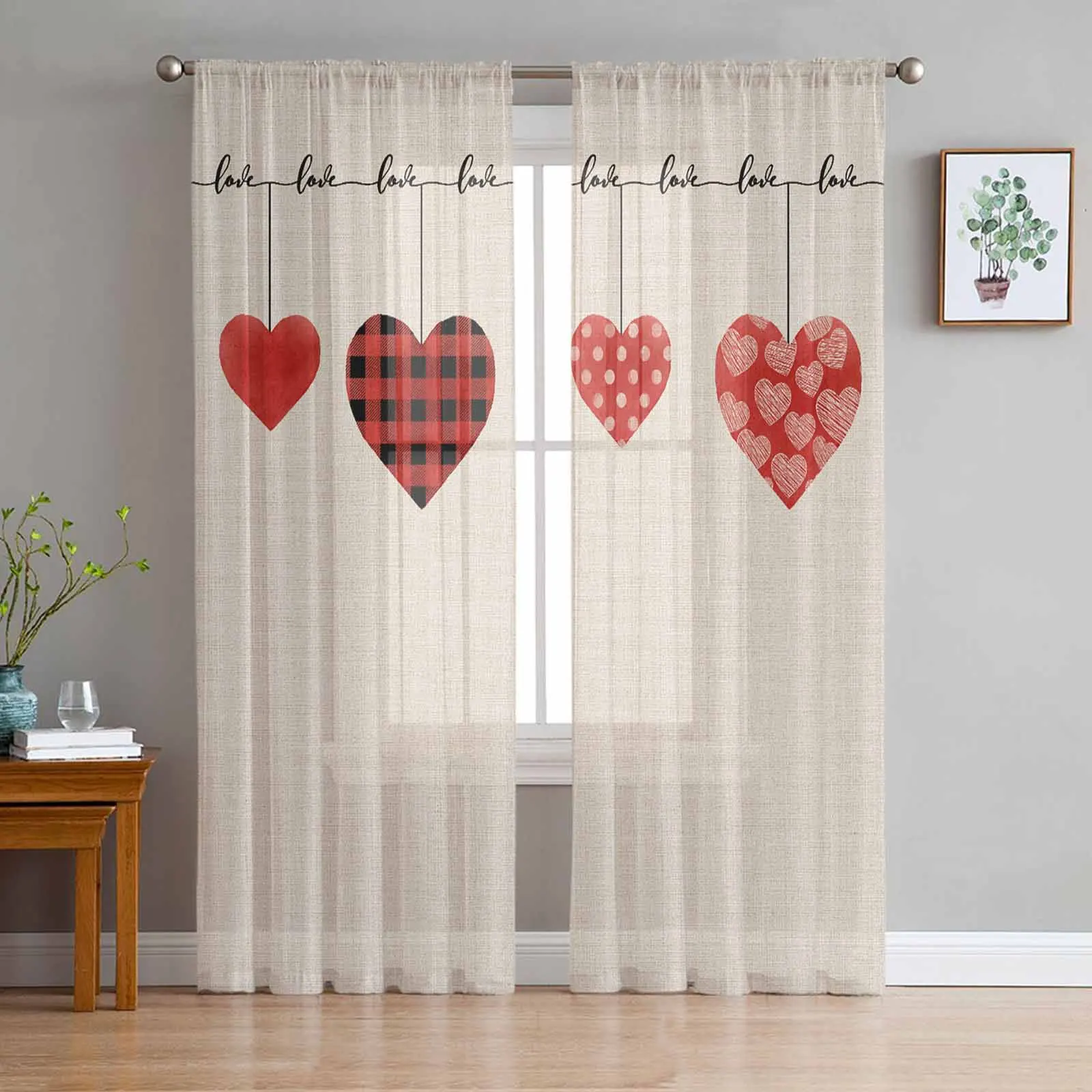 Valentine'S Day Hearts Watercolor Voile Curtains for Bedroom Window Tulle Curtain for Living Room Sheer Blinds Drapes